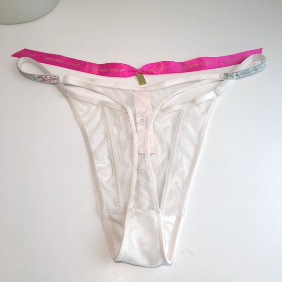 VS Shine Strap Triple Stripe White Mesh Rhinestone Bling Thong L NWT - Picture 6 of 8